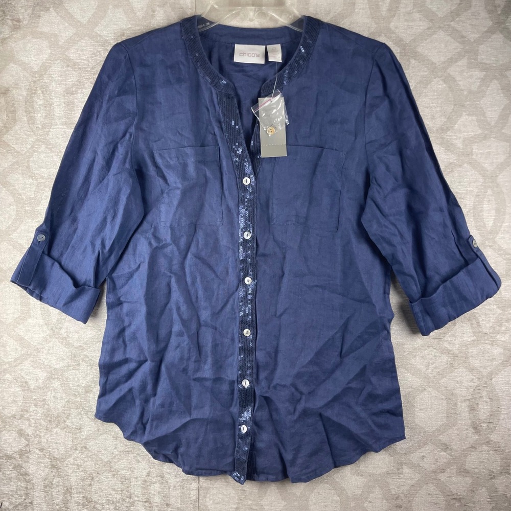 Chicos Linen Lace Mix Shirt Womens 0 S Blue Sequin Trim Crochet Back Top New
